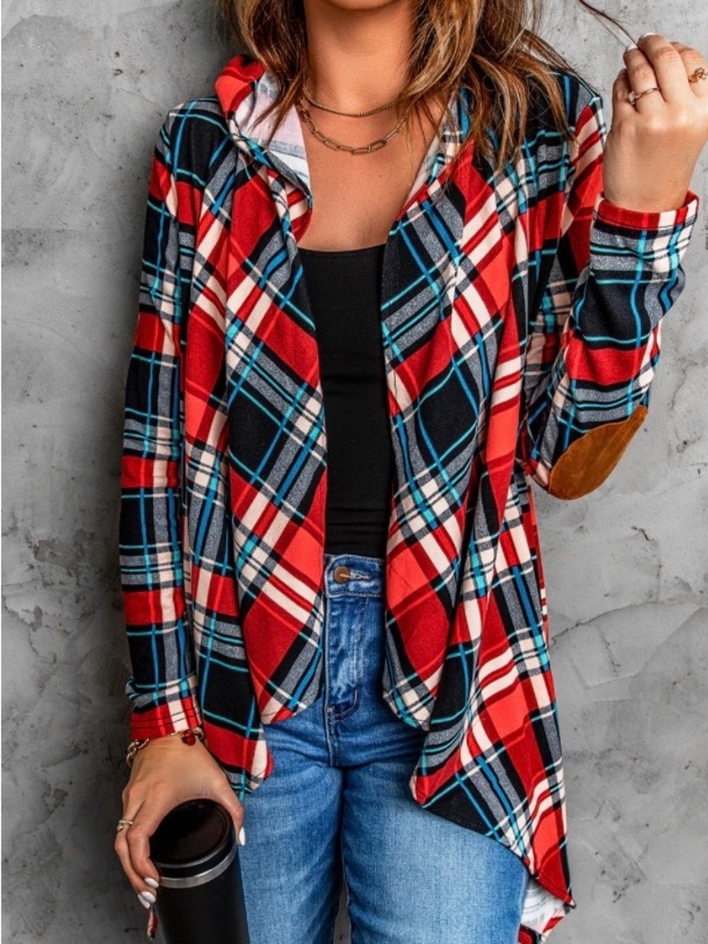 Plaid Hooded Waterfall Cardigan Suede Elbow Patches Size Small